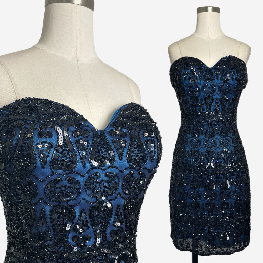 Scala Blue black beaded silk strapless corset mini dress formal romantic glam XS